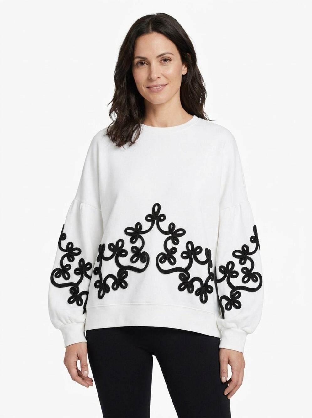 Zara White Black Embroidered Puff Sleeve Oversized Sweatshirt Women Size M